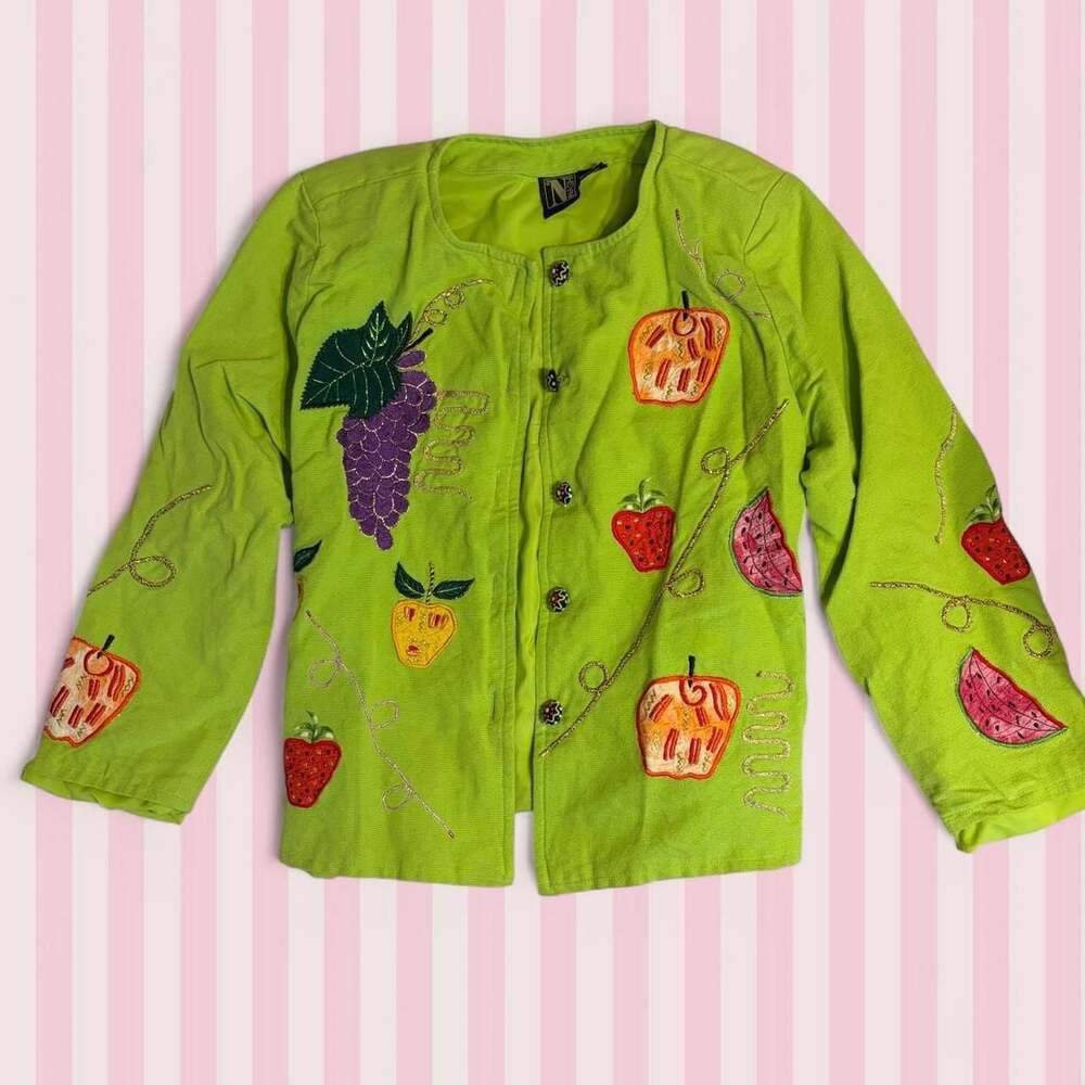 NASH Vintage Lime Green Fruit Applique Cardigan Jacket XL